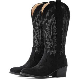 Women Black Chunky Heel Pointed Toe Cowgirl Mid Calf Embroidery Western Boots